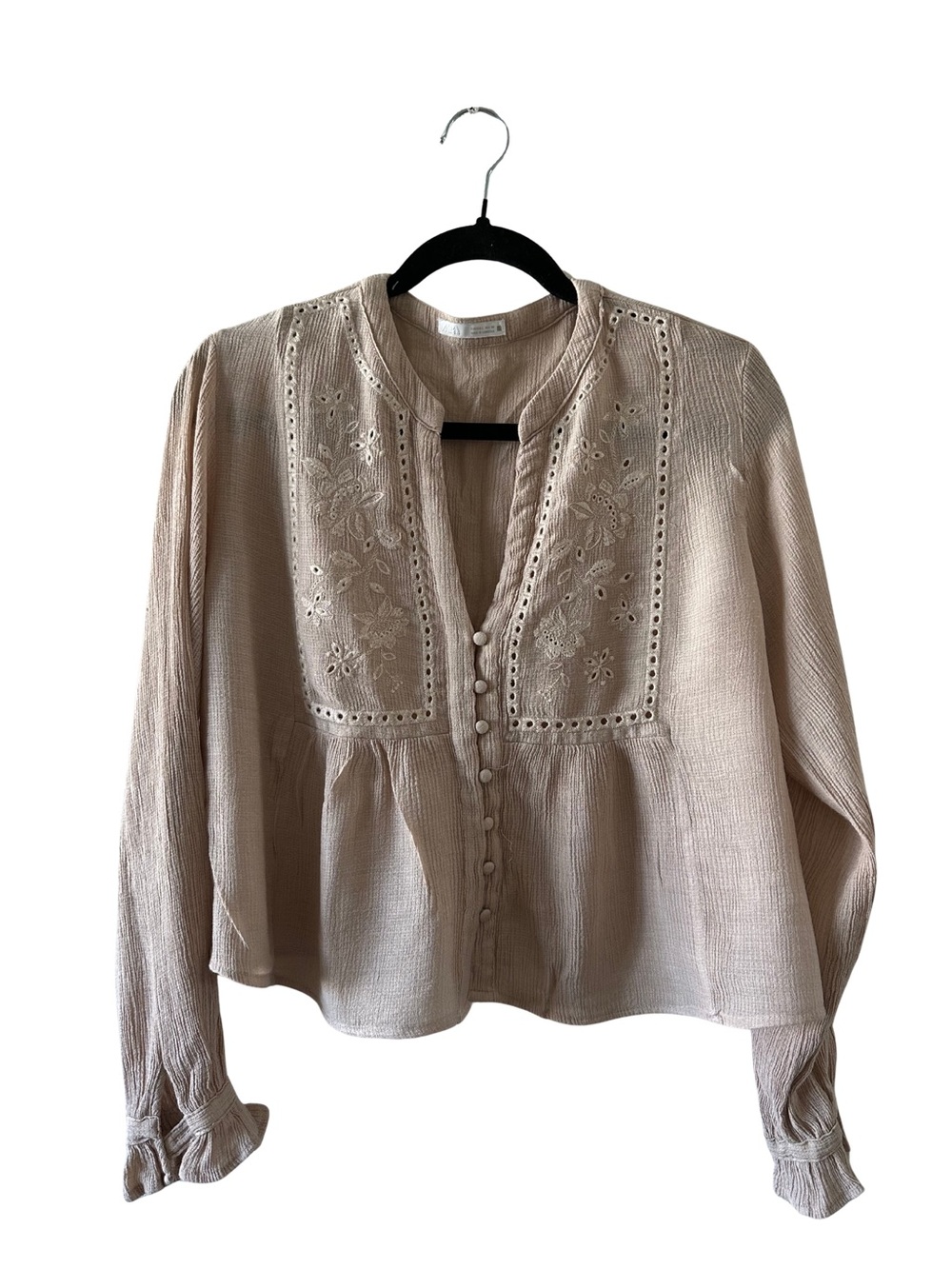 Zara Boho Embroidered Button-Front Peasant Top - Beige - Size L